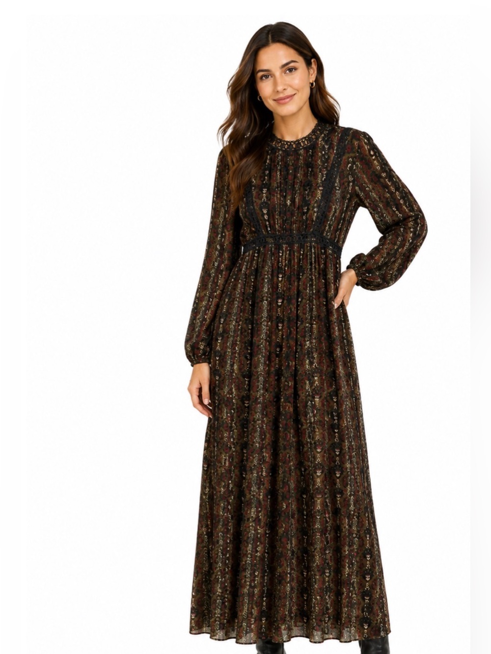 Max Studio Paisley Lace Trim Maxi Dress Size XS Black Brown Boho
